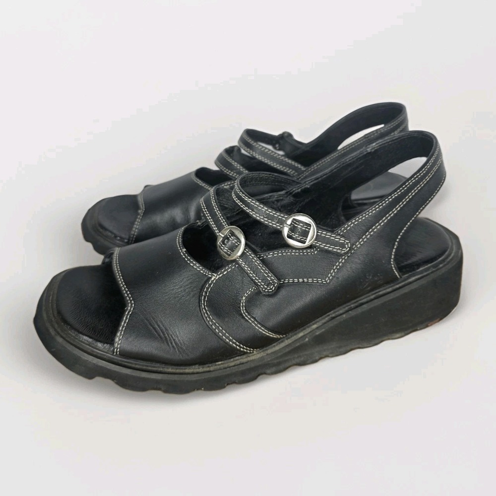Fluevog Gina Sz 11 Open-Toe Sandal Black/White Chunky Slingback Mary Jane Indie